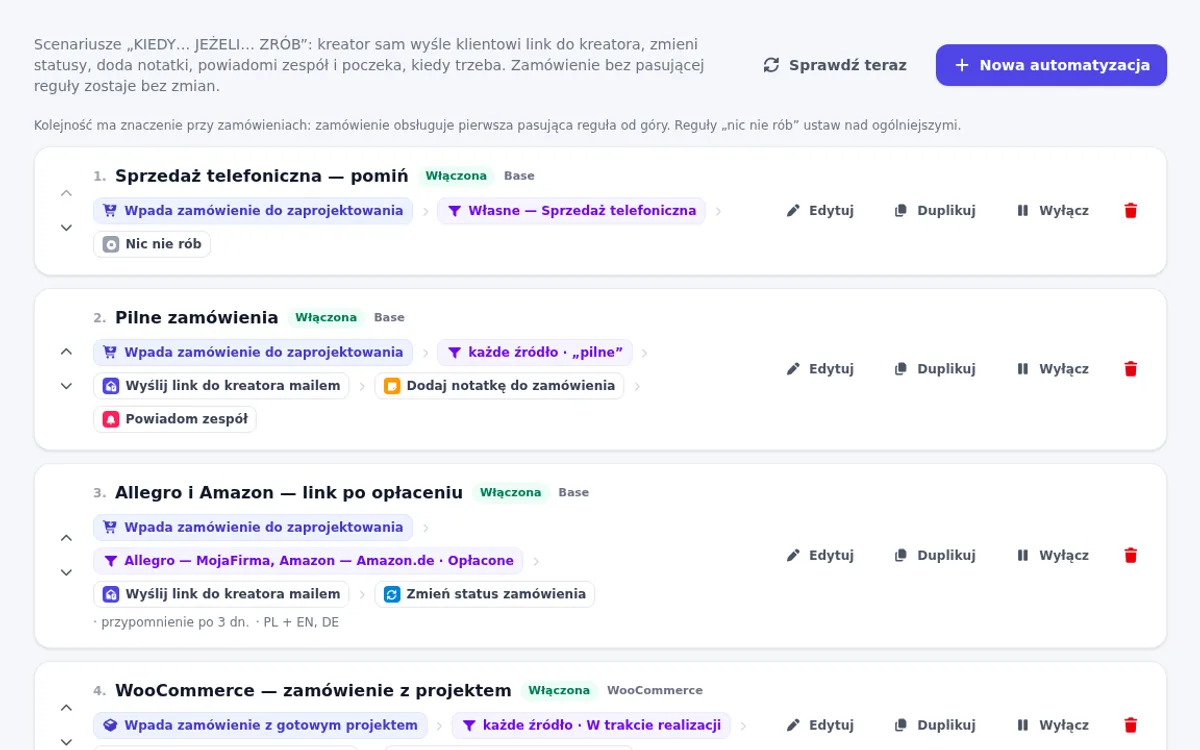 Lista scenariuszy automatyzacji: sprzedaż telefoniczna pomiń, pilne zamówienia, link po opłaceniu, zamówienie z projektem