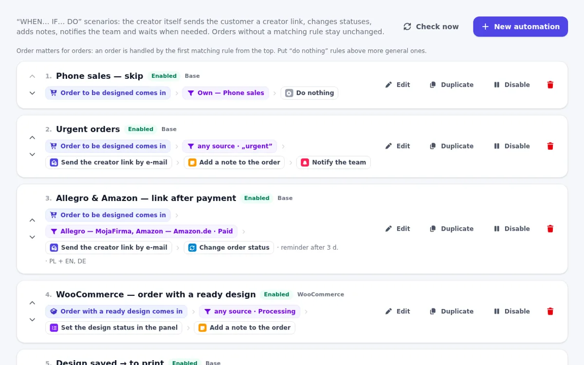 List of automation scenarios: phone sales skip, urgent orders, link after payment, order with a ready design