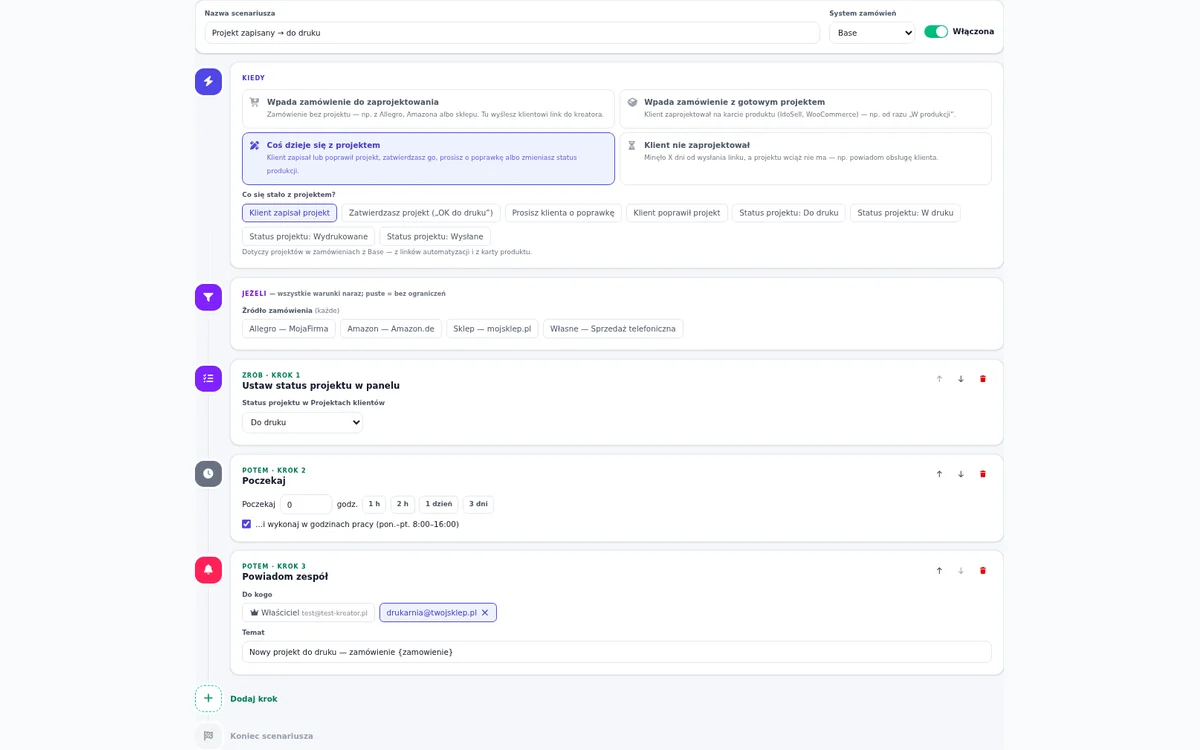 Scenariusz automatyzacji: kiedy klient zapisze projekt — ustaw status Do druku, poczekaj do godzin pracy i powiadom drukarnię