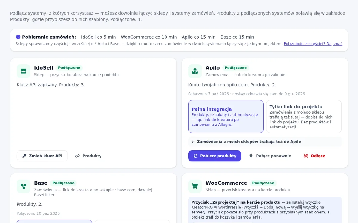 Panel sklepu: Integracje — IdoSell, Apilo, Base i WooCommerce podłączone jednocześnie