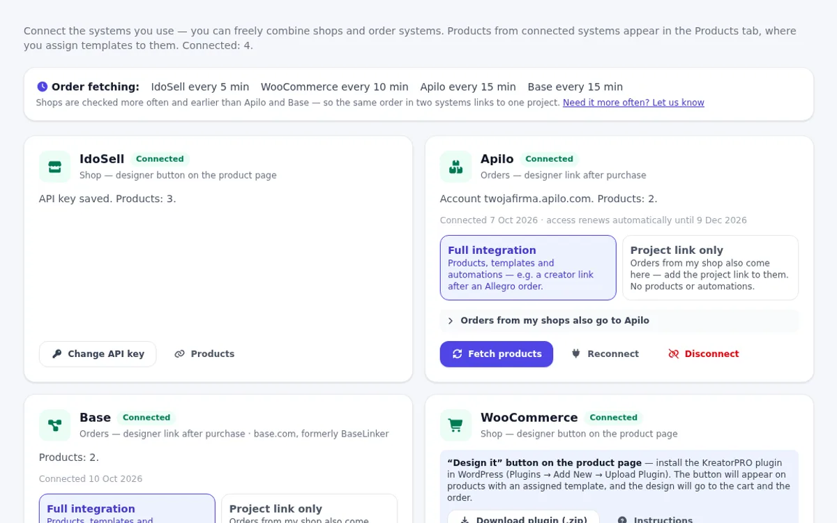 Shop panel: Integrations — IdoSell, Apilo, Base and WooCommerce connected at the same time