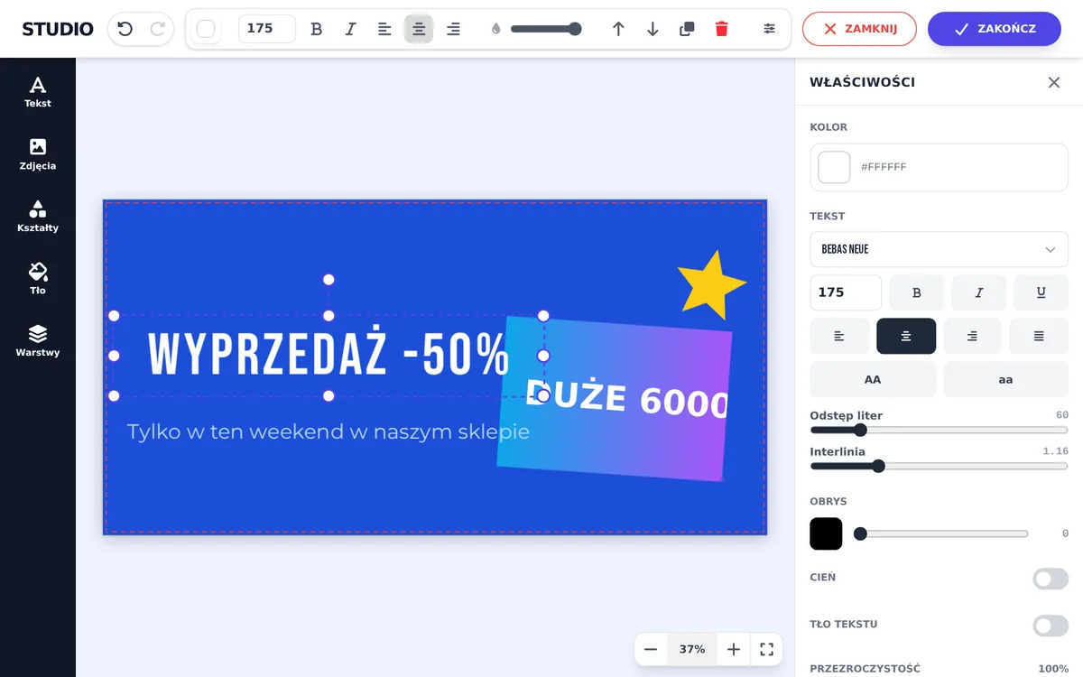 Kreator produktów w sklepie: projektowanie banera z tekstem, zdjęciem i kształtami