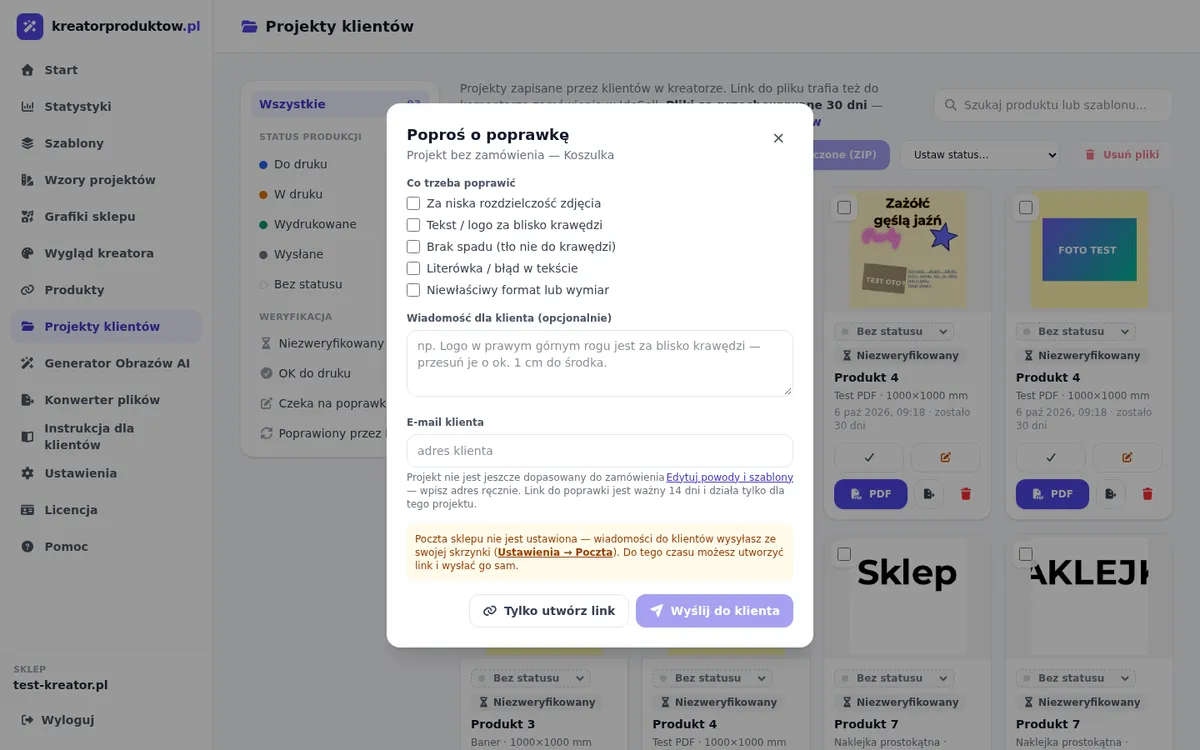 Okno prośby o poprawkę projektu: powody, wiadomość i e-mail do klienta