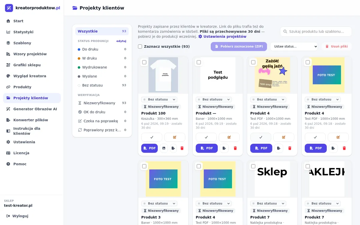 Panel sklepu: projekty klientów ze statusami produkcji, filtrami i pobieraniem ZIP